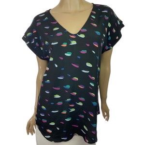 BCBGeneration Size M Top Blouse Cap Sleeve Black w/ Multi-Color Geo Print